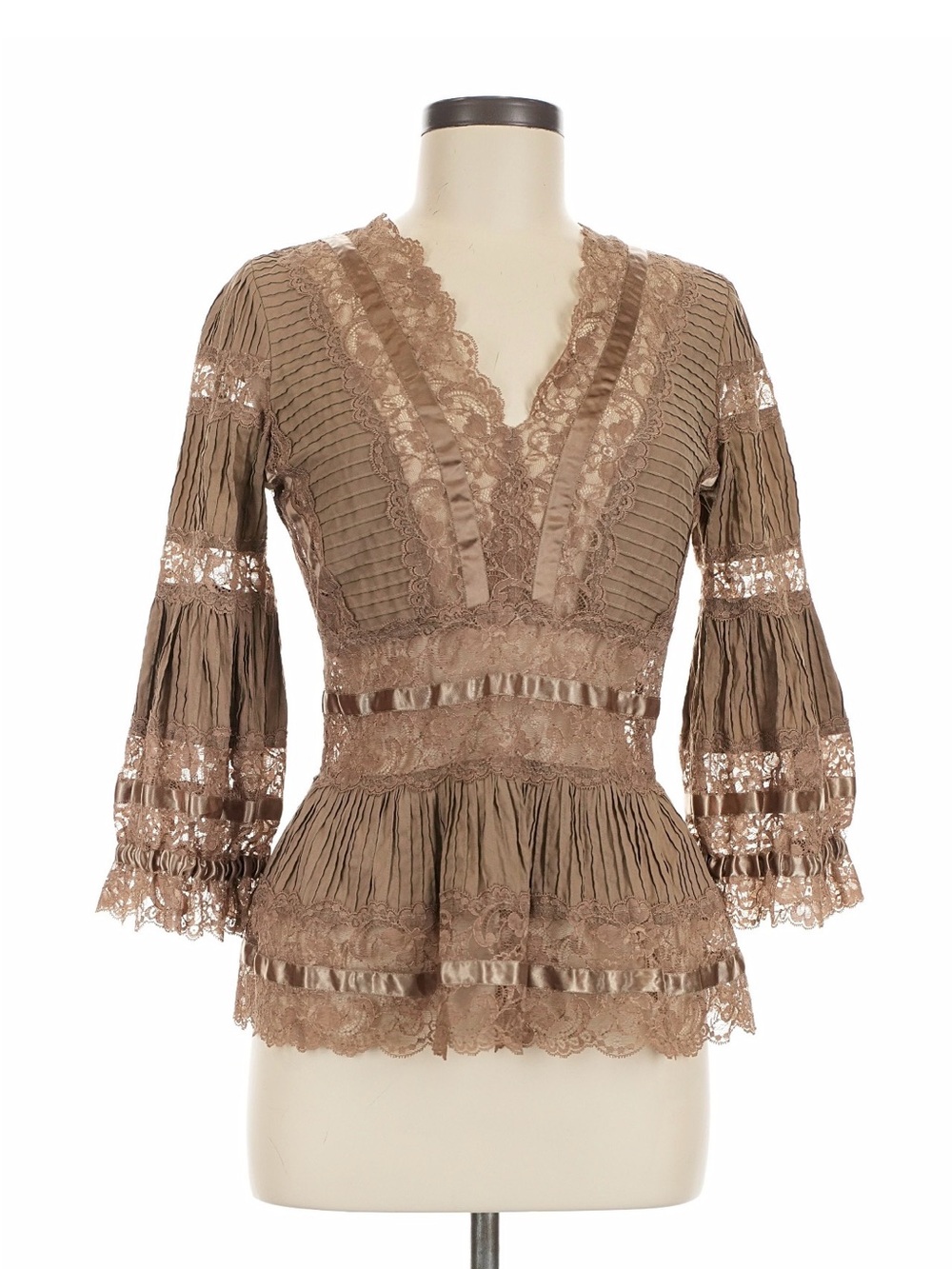 Catherine Malandrino Taupe Lace-Trim Peplum Blouse
